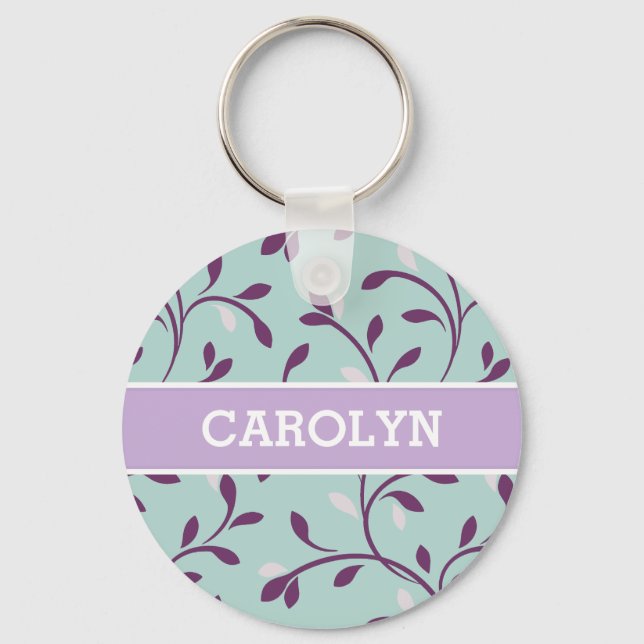 Cute pastel turquoise floral pattern monogram keychain (Front)
