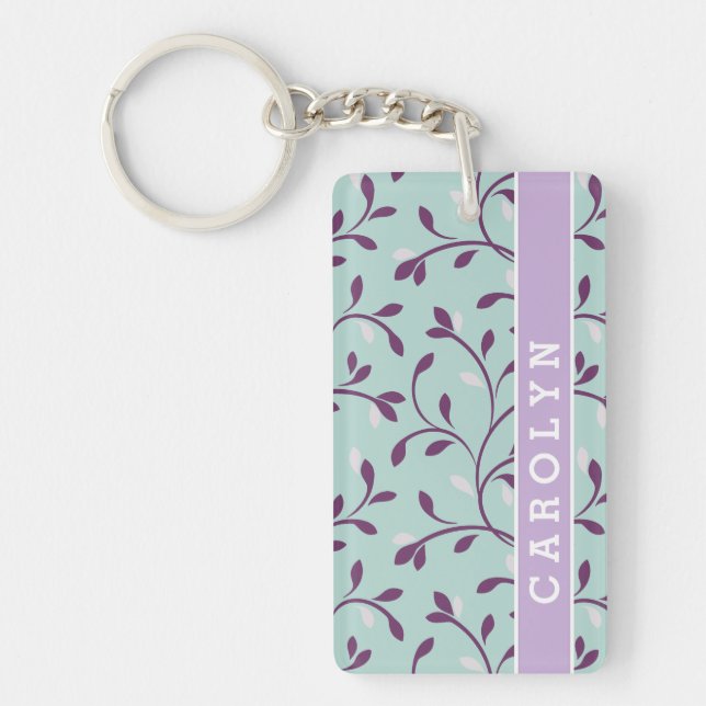 Cute pastel turquoise floral pattern monogram keychain (Front)