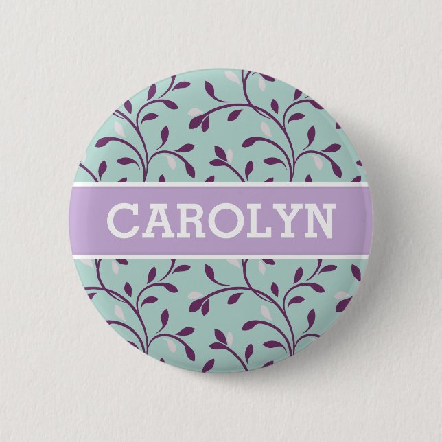 Cute pastel turquoise floral pattern monogram pinback button (Front)