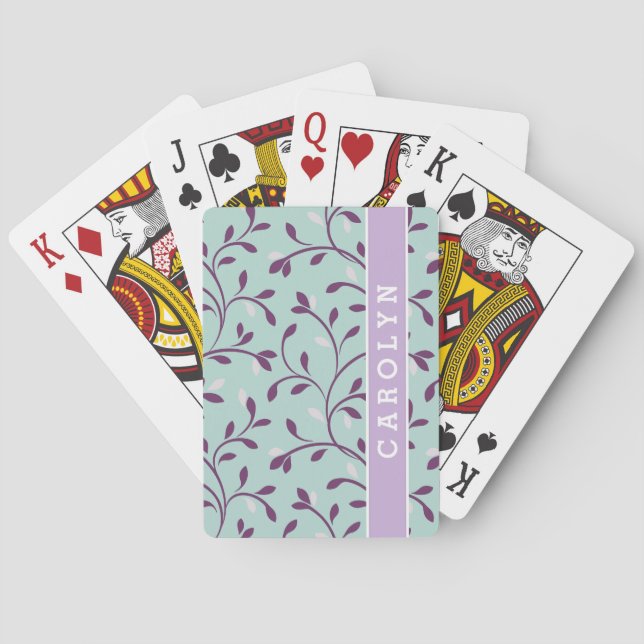 Cute pastel turquoise floral pattern monogram poker cards (Back)