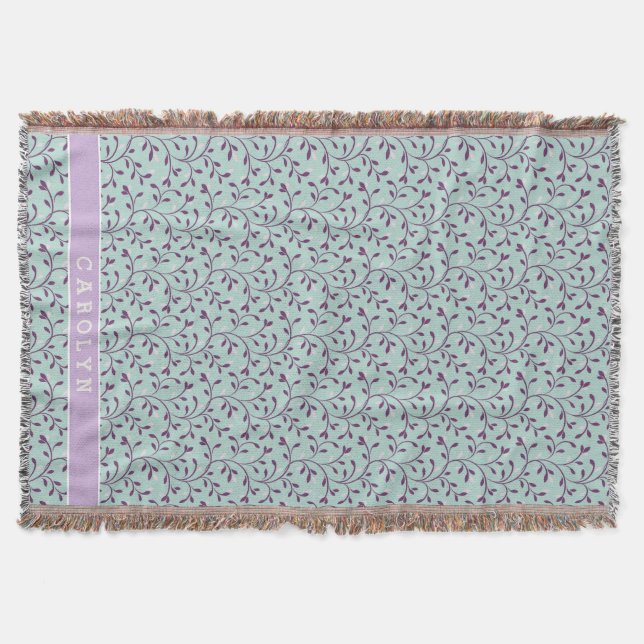 Cute pastel turquoise floral pattern monogram throw blanket (Front)