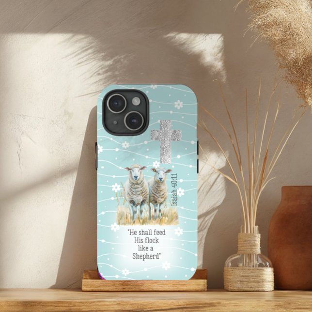 Cute Pastel Turquoise Floral Sheep Cross Scripture Case-Mate iPhone Case (Creator Uploaded)