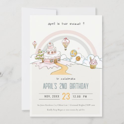 Cute Pastel Two Sweet Candy Land 2nd Birthday Invitation