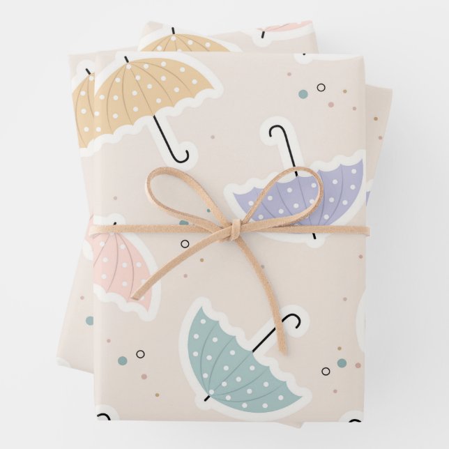 Cute Pastel Umbrella Pattern Wrapping Paper Sheets (In situ)