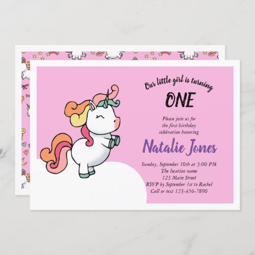 Cute pastel unicorn 1st birthday invitation