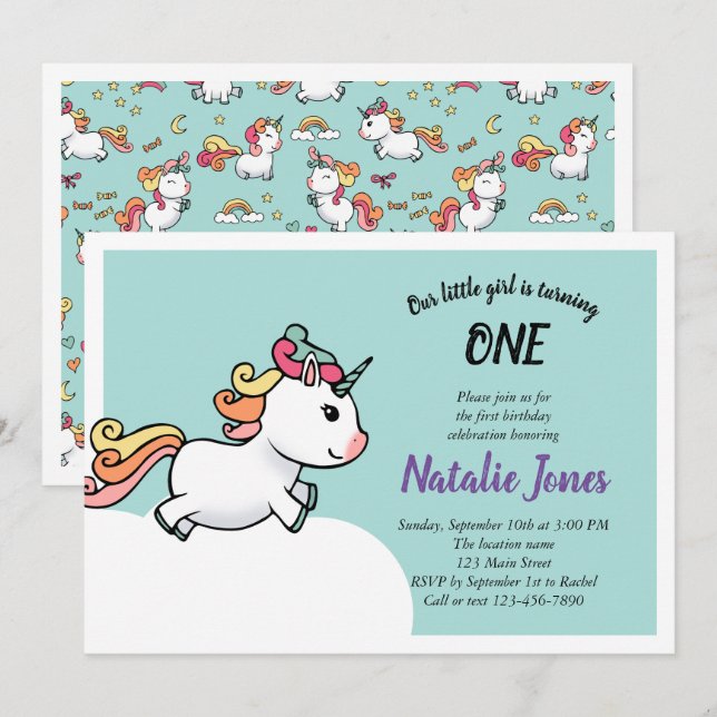 Cute pastel unicorn 1st birthday invitation (Front/Back)