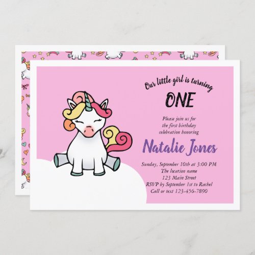 Cute pastel unicorn 1st birthday invitation