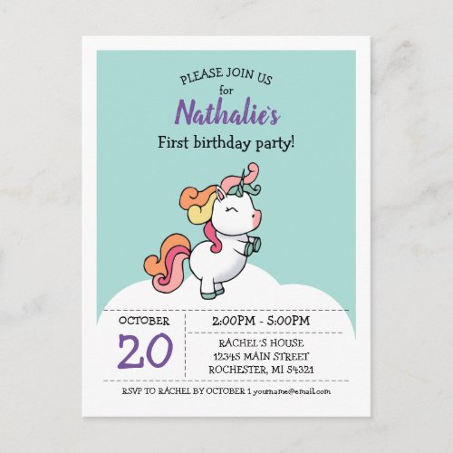 Cute pastel unicorn 1st birthday invitation postcard
