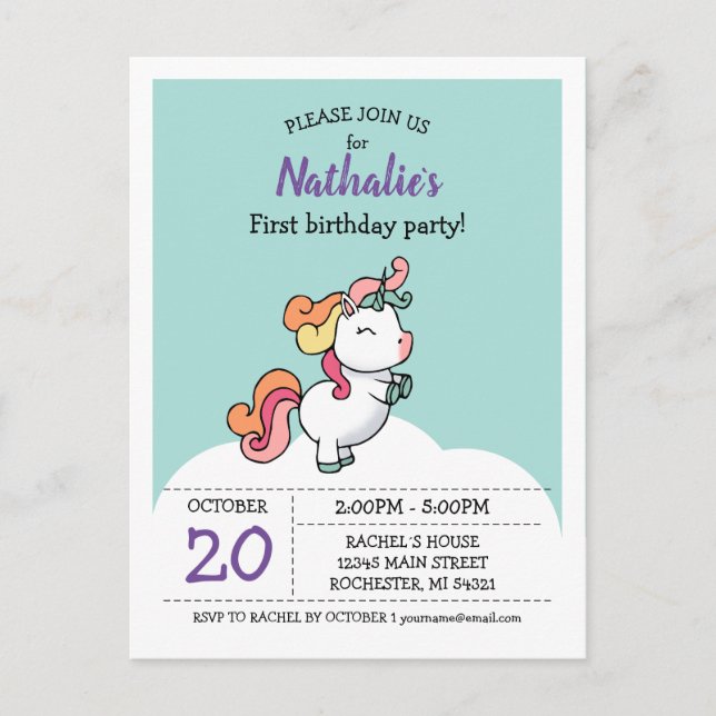 Cute pastel unicorn 1st birthday invitation postcard (Front)