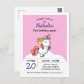 Cute pastel unicorn 1st birthday invitation postcard (Front/Back)