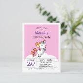 Cute pastel unicorn 1st birthday invitation postcard (Standing Front)