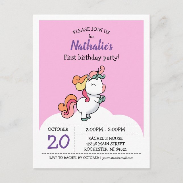 Cute pastel unicorn 1st birthday invitation postcard (Front)
