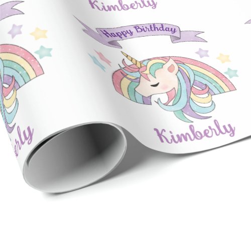 Cute Pastel Unicorn and Sparkly Rainbow Wrapping Paper