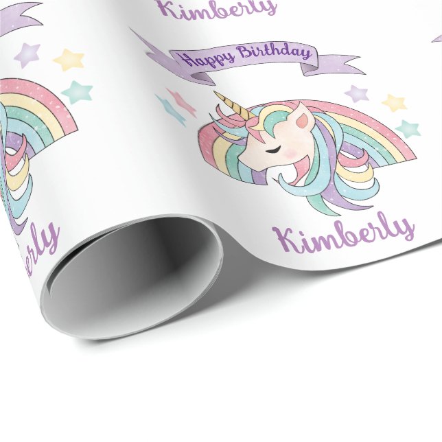 Cute Pastel Unicorn and Sparkly Rainbow Wrapping Paper (Roll Corner)