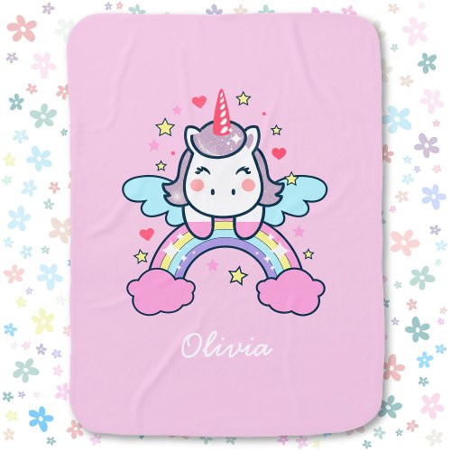Cute Pastel Unicorn Custom Name Color Baby Blanket