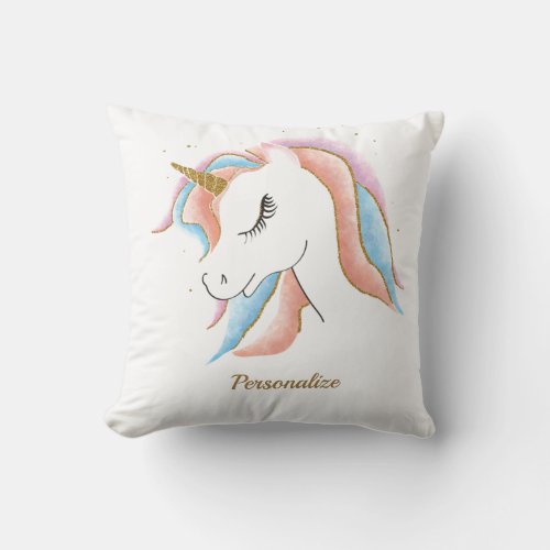 Cute Pastel Unicorn Girly Pink Blue Personalized Throw Pillow