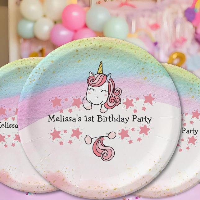 Cute Pastel Unicorn & Rainbow Birthday Party Paper Plates (Creator Uploaded)