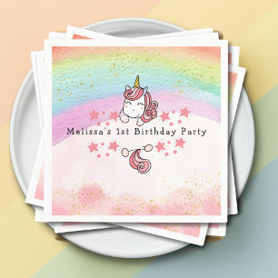 Cute Pastel Unicorn & Rainbow First Birthday Napkins