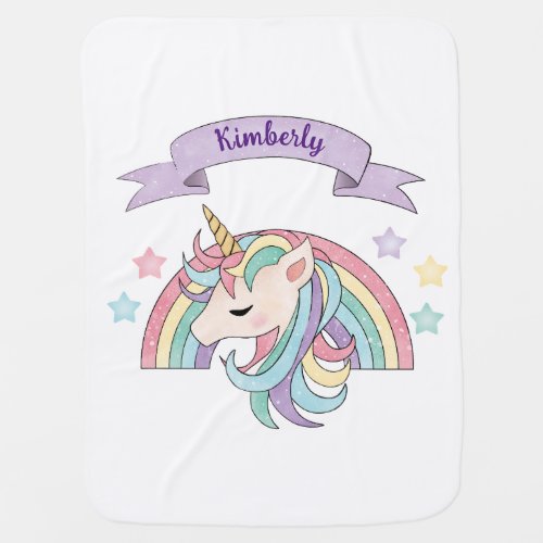 Cute Pastel Unicorn  Sparkly Rainbow Custom Name Baby Blanket