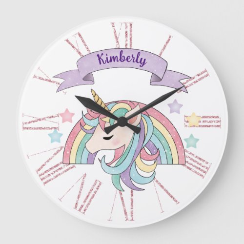 Cute Pastel Unicorn  Sparkly Rainbow Custom Name Large Clock