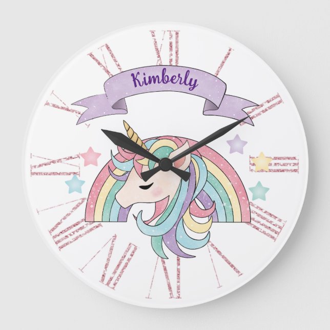 Cute Pastel Unicorn & Sparkly Rainbow Custom Name Large Clock (Front)