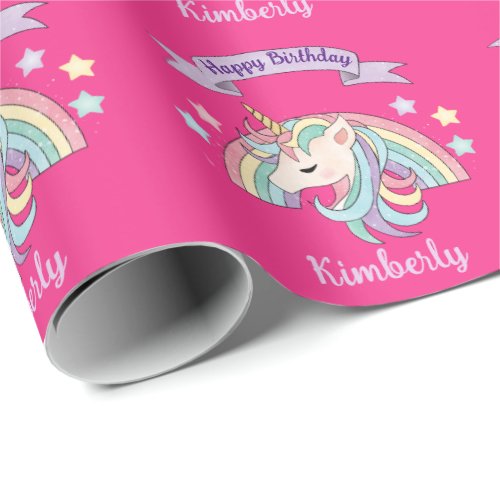 Cute Pastel Unicorn  Sparkly Rainbow on Hot Pink Wrapping Paper