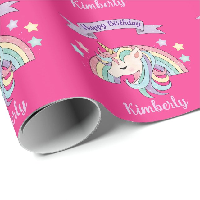 Cute Pastel Unicorn & Sparkly Rainbow on Hot Pink Wrapping Paper (Roll Corner)