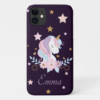 Cute Pastel Unicorn With Flowers & Stars on Black iPhone 11 Case