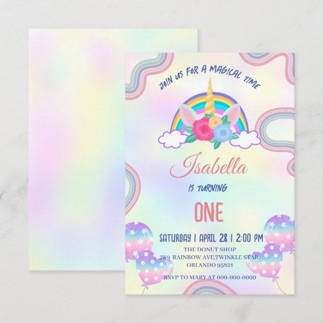 Cute pastel Unicorns Rainbow Birthday Party Thank You Card (Front/Back)