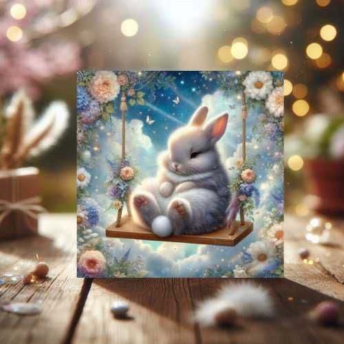Cute Pastel Watercolor Bunny On Swing Easter Holiday Card