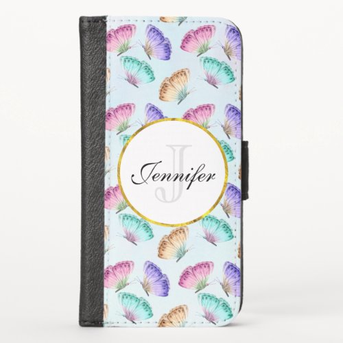 Cute Pastel Watercolor Butterfly Pattern Monogram iPhone X Wallet Case