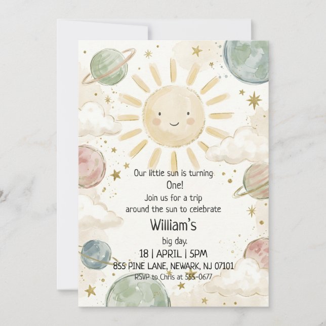 Cute Pastel Watercolor Celestial Sun Birthday Invitation (Front)
