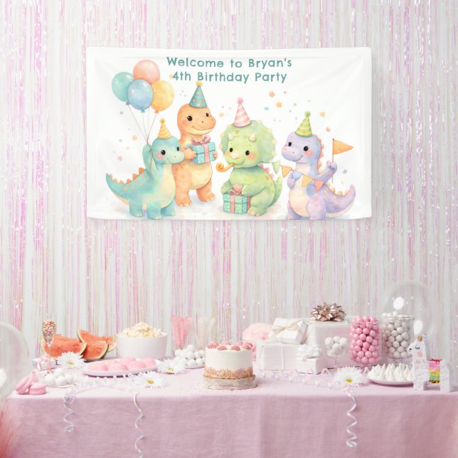 Cute Pastel Watercolor Dinosaurs Birthday Banner (Party)