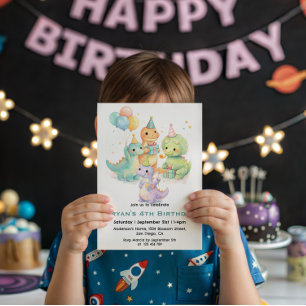 Cute Pastel Watercolor Dinosaurs Birthday Invitation