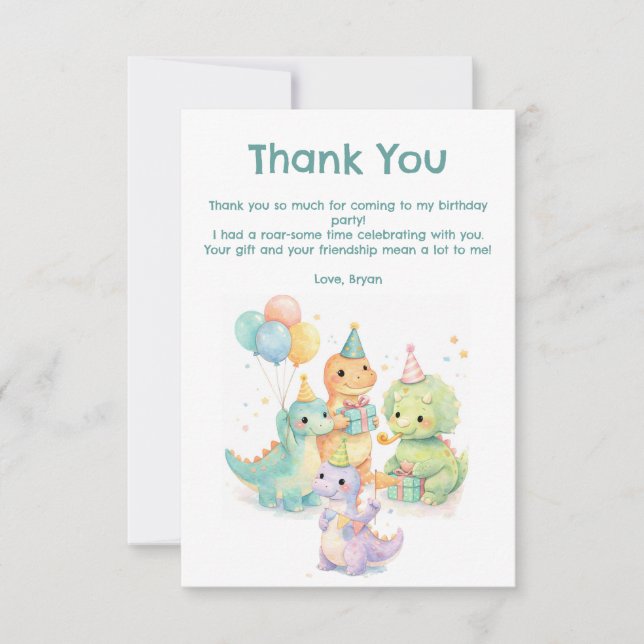 Cute Pastel Watercolor Dinosaurs Birthday Thank You Card (Front)