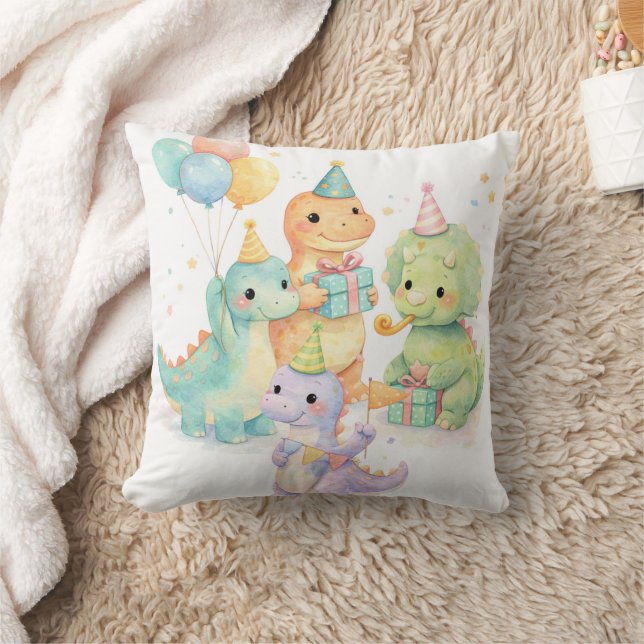 Cute Pastel Watercolor Dinosaurs Birthday Throw Pillow (Blanket)