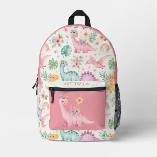 Cute Pastel Watercolor Dinosaurs Floral Printed Backpack