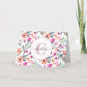 Cute Pastel Watercolor Flowers Monogrammed Card