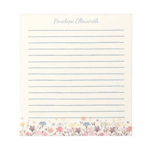 Cute Pastel Watercolor Flowers Personalized Lined Notepad