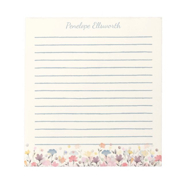 Cute Pastel Watercolor Flowers Personalized Lined Notepad (Front)
