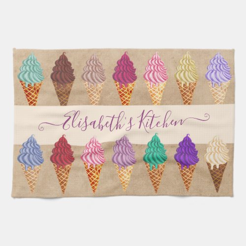 Cute Pastel Watercolor Ice Cream Funny Custom Name Kitchen Towel