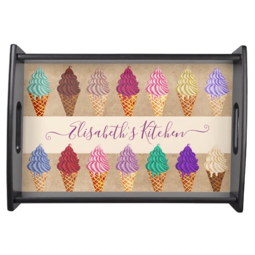 Cute Pastel Watercolor Ice Cream Funny Custom Name Serving Tray