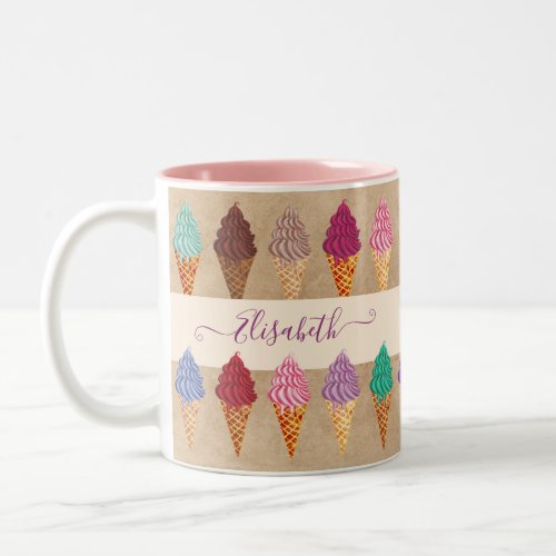 Cute Pastel Watercolor Ice Cream Funny Custom Name Two_Tone Coffee Mug