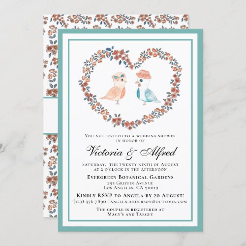 Cute Pastel Watercolor Love Birds Couples Shower Invitation