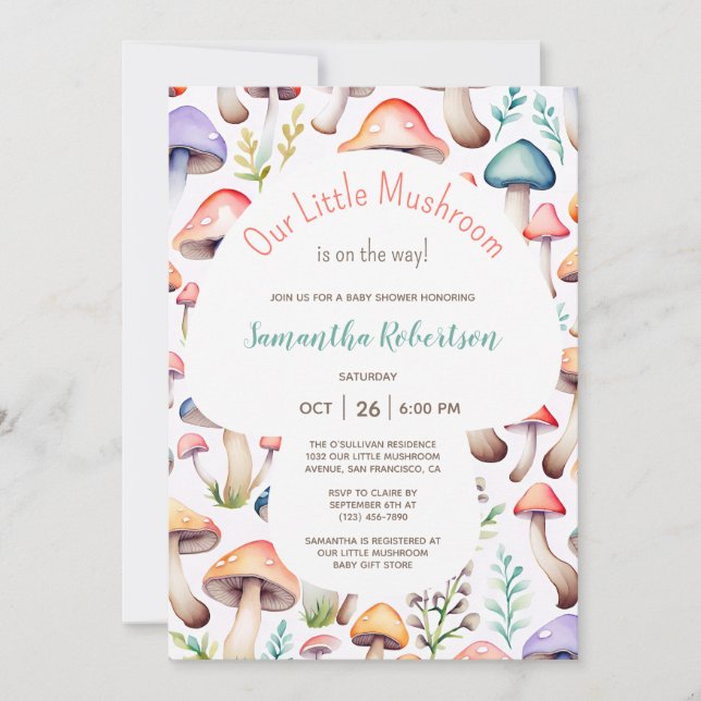 Cute Pastel Watercolor Mushroom Baby Shower Invitation (Front)