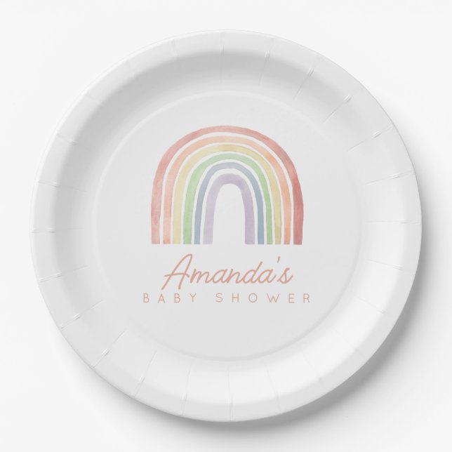 Cute Pastel Watercolor Rainbow Baby Shower Paper Plates (Front)