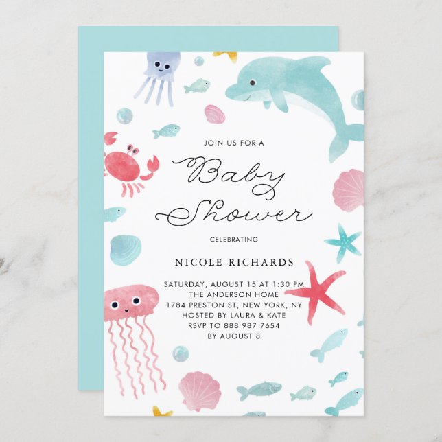 Cute Pastel Watercolor Under the Sea Baby Shower Invitation (Front/Back)