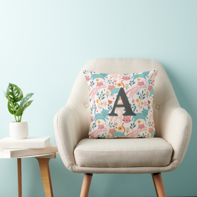 Cute Pastel Whimsical Cat Pattern Monogram Throw Pillow (Chair)
