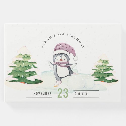Cute Pastel Winter Penguin Kids Any Age Birthday Guest Book