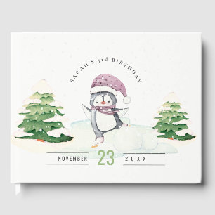 Cute Pastel Winter Penguin Kids Any Age Birthday Guest Book